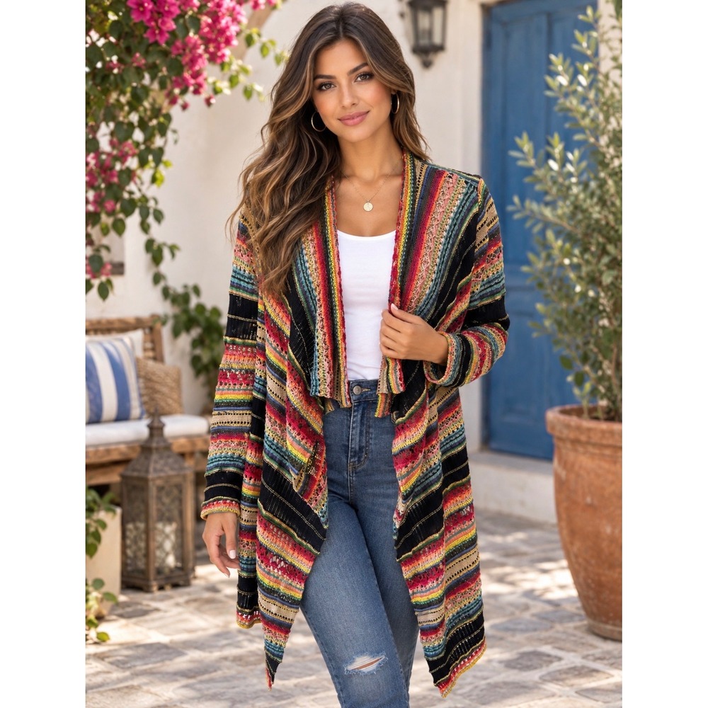 Polo Ralph Lauren Serape Southwestern Striped Aztec Cardigan Cotton Silk Linen M